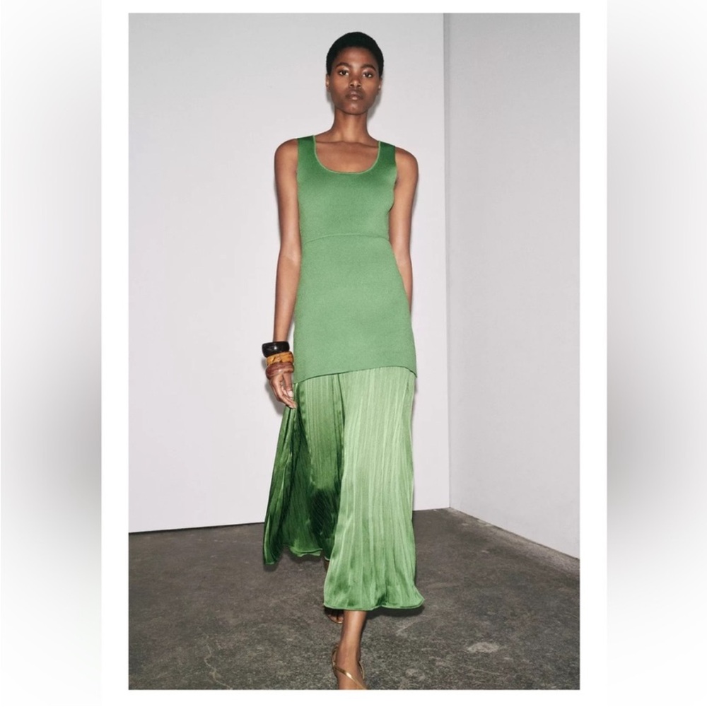Zara Green Pleated Knit Combination Dress